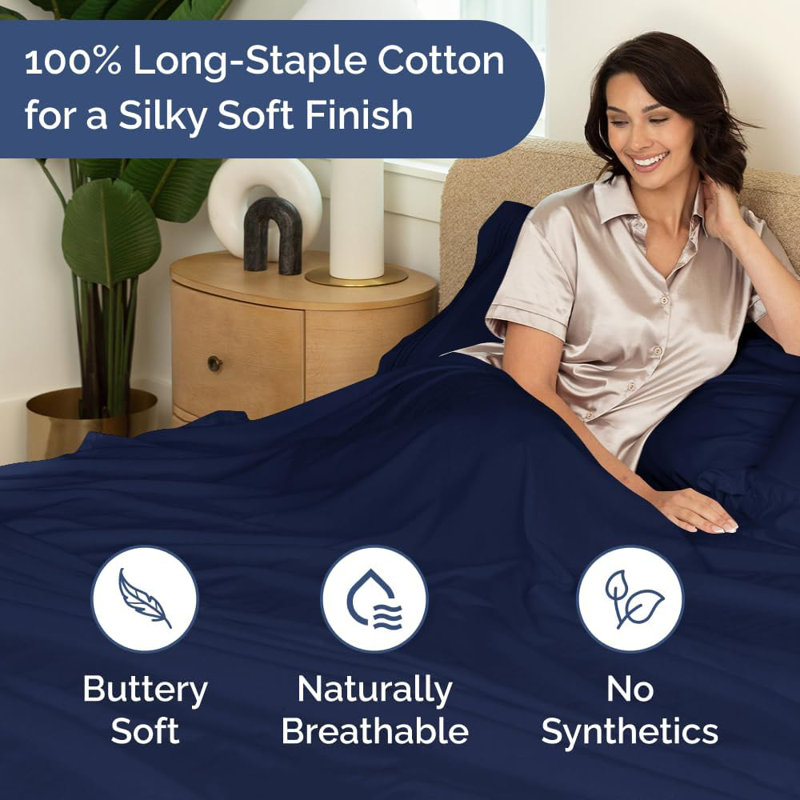 400 Thread Count Cotton Flat Sheet – Cooling, Breathable & Soft Top Sheet, Queen, Navy Blue