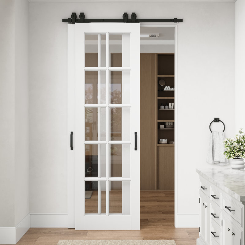 Porte standard préfinie en verre clair à 10 carreaux de 56 po x 96 po avec ensemble de quincaillerie pour porte coulissante de style grange pour garde-manger