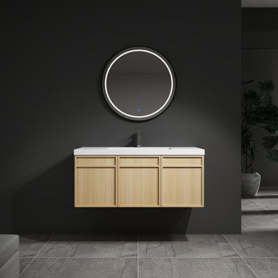 48 Inch Wall-Mounted Vanity With Sink For Bathroom, Floating Oak Plywood Cabinet, Soft-Close Doors, Resin Basin Included