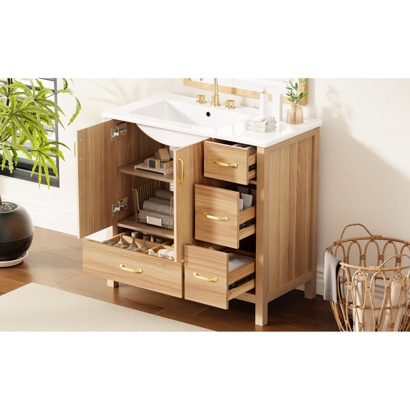 Meuble-lavabo en bois 36 po avec 4 tiroirs, tablette ajustable et portes à fermeture en douceur Pomeroy