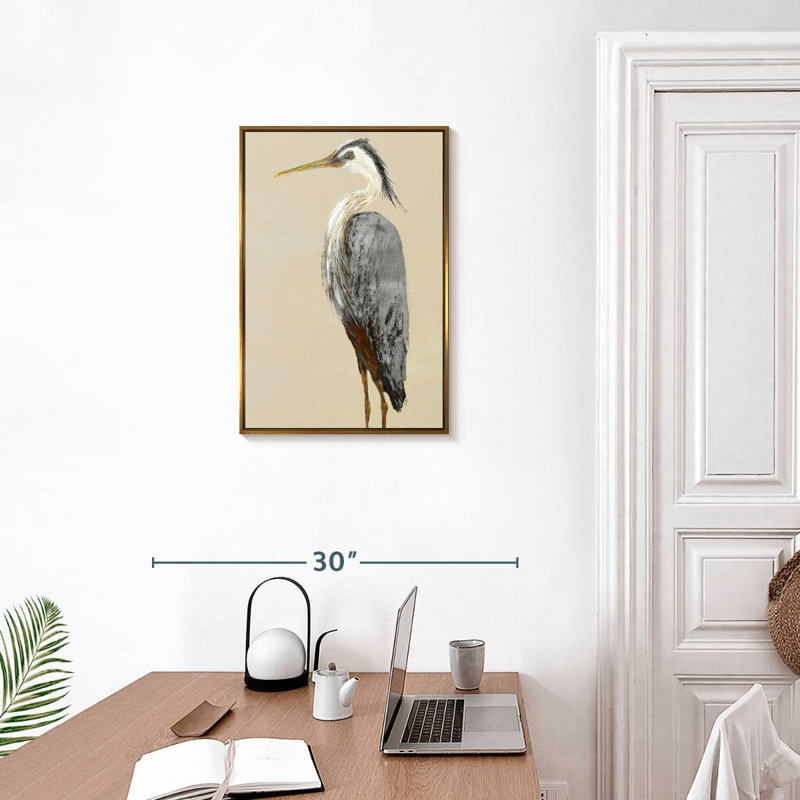 Héron sur fond brun clair II, 17 po x 25 po, Cadre flottant doré