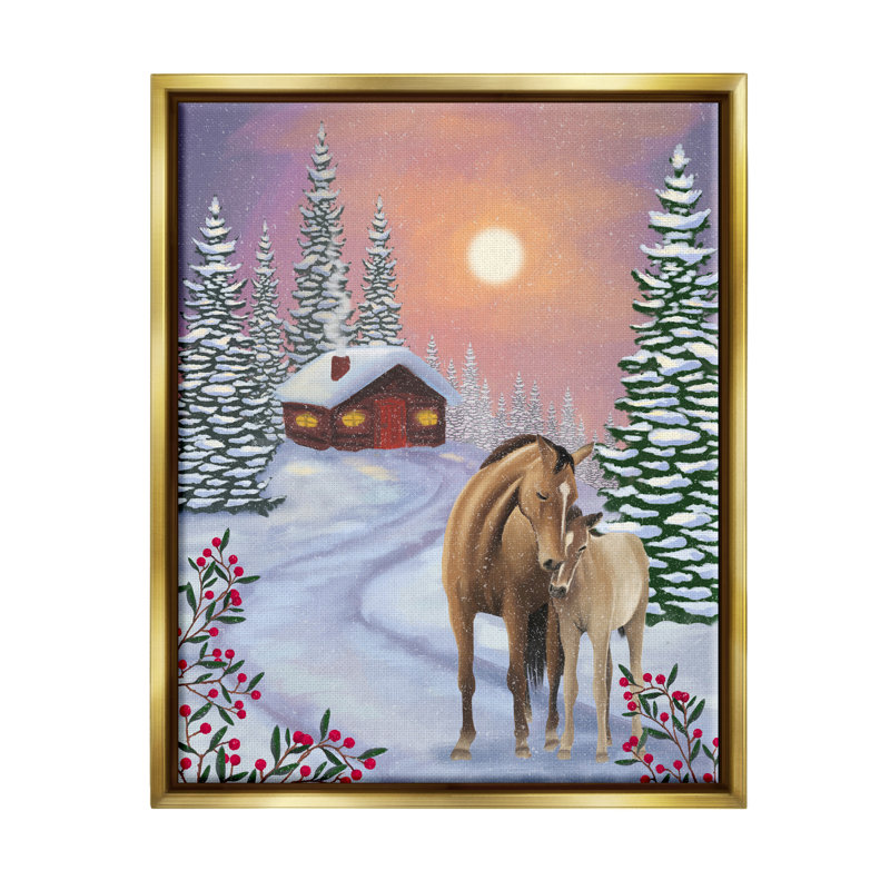 «Holiday Horses Winter Scene» par Lemon & Sugar, peinture, H 31 po x l 25 po x P 1,7 po, Cadre flottant métallique doré