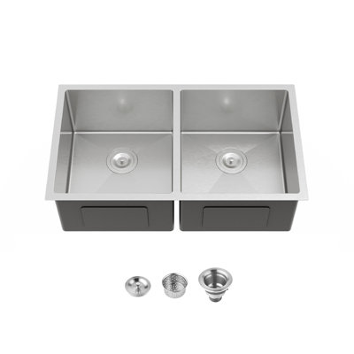 33"X19" Embedded Double Bowl Kitchen Sink, Undermount Handmade Sink In Brushed (Sink Only)