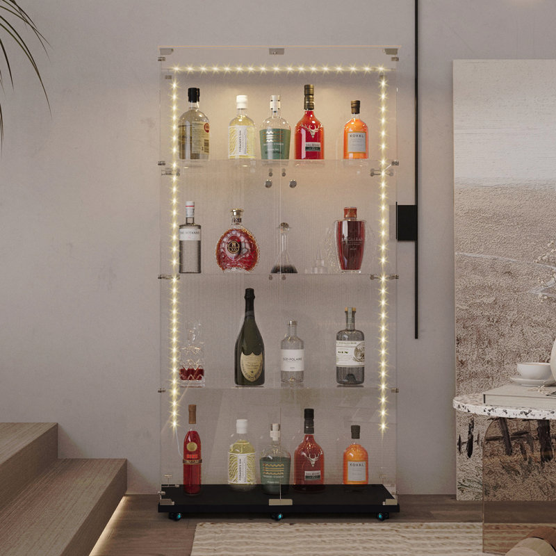 Tempered Glass Display Storage Cabinet - Wine/File Cabinet With Bluetooth LED Strip Light