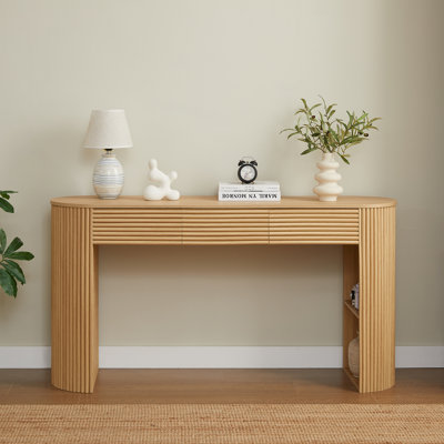 Nara Modern Japandi MDF Console Table With 3 Drawers, Fluted Detail, And Open Storage Niche