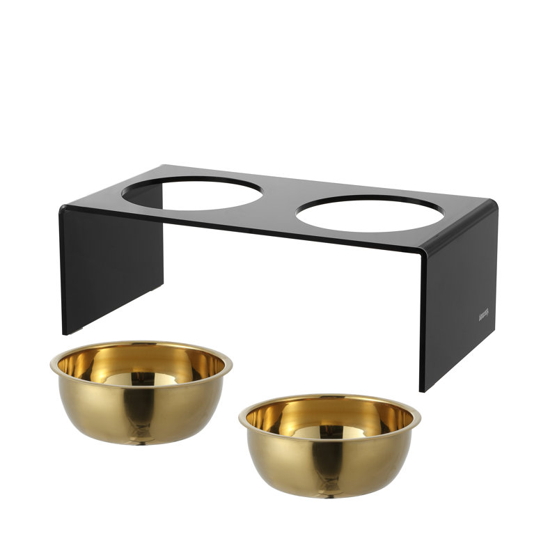 Keaton 7.5" Black and Gold Modern Elevated Pet Feeder with Stainless Steel Bowls