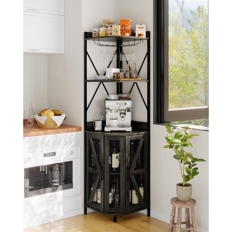 Armoire à vin de coin 72 po avec prise de courant, bar industriel à 5 niveaux, Noir