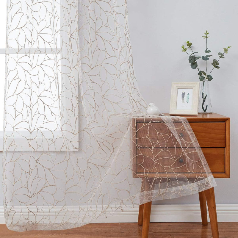 Chic Boho Sheer Embroidered Curtains With Beautiful Embroidery, 54" W x 84" L, Gold