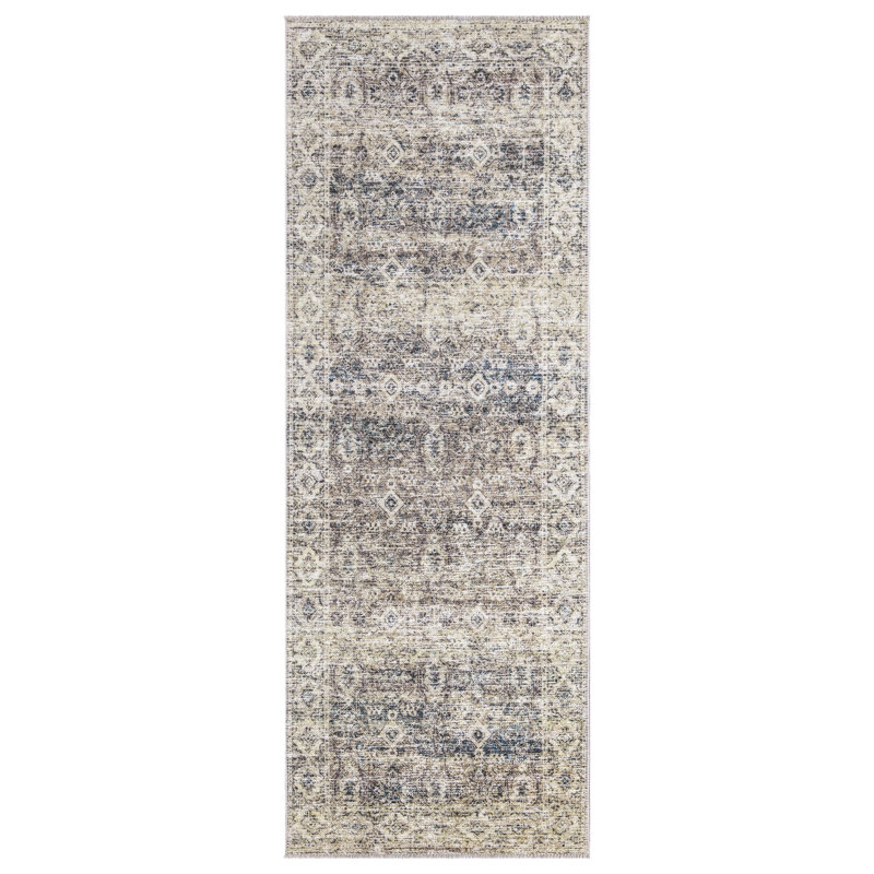 Washable Non-Slip Area Rug - Beige Brown / Teal Traditional Oriental Area Rug for Entryway, Hallway, Bathroom, and Kitchen