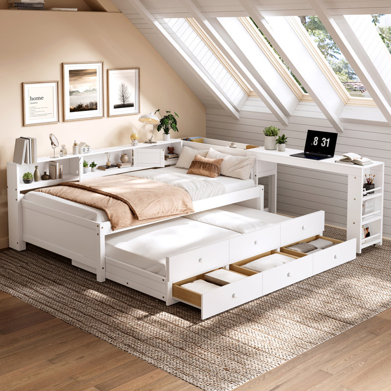 Twin Size Daybed With Trundle,Wood Daybed Frame with Storage Drawers,Side Shelves and Desk,White, Twin, White