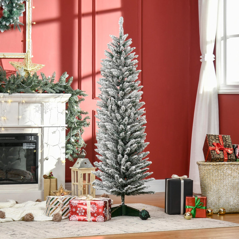 ? Christmas Decoration ?5' Snow Flocked Artificial Pencil Christmas Tree, Slim Xmas Tree With Realistic Branches And Plastic Base Stand For Indoor Decoration