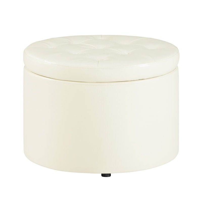 Stansell 22" Wide Tufted Round Storage Ottoman, Ivory Faux Leather
