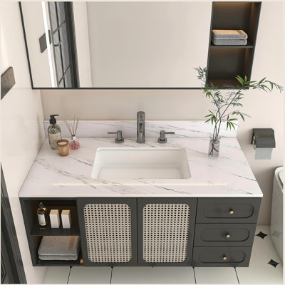 Comptoir de meuble-lavabo en marbre de 43 pouces, comptoir blanc avec 3 trous de robinet pré-percés, comptoir de salle de bain avec lavabo central rectangulaire encastré et dosseret de 4 po de hauteur, Bianco Carrara Venato