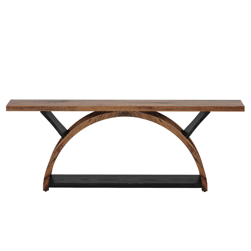 70.87" Console Table With Storage Shelf, Narrow Long Sofa Table Behind Couch Table, 2-Tier Rustic Entryway Table With Half Moon Frame For Hallway Living Room (Brown & Black)