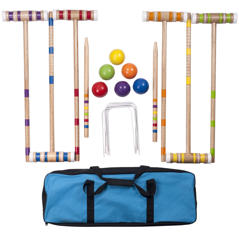 6-Player Croquet Set - Outdoor Games with Wood Mallets, Balls, Posts, Wickets, and Carry Case - Vintage Yard Games for Adults and Kids by Hey Play