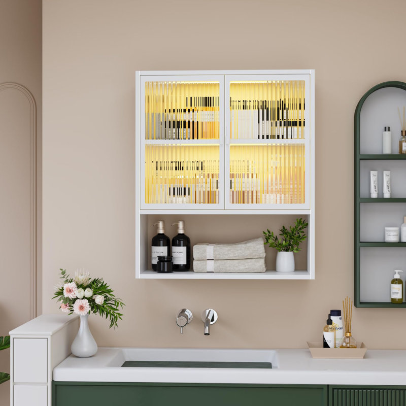 Metal Wall Cabinet with Glass Doors and LED Lights, White