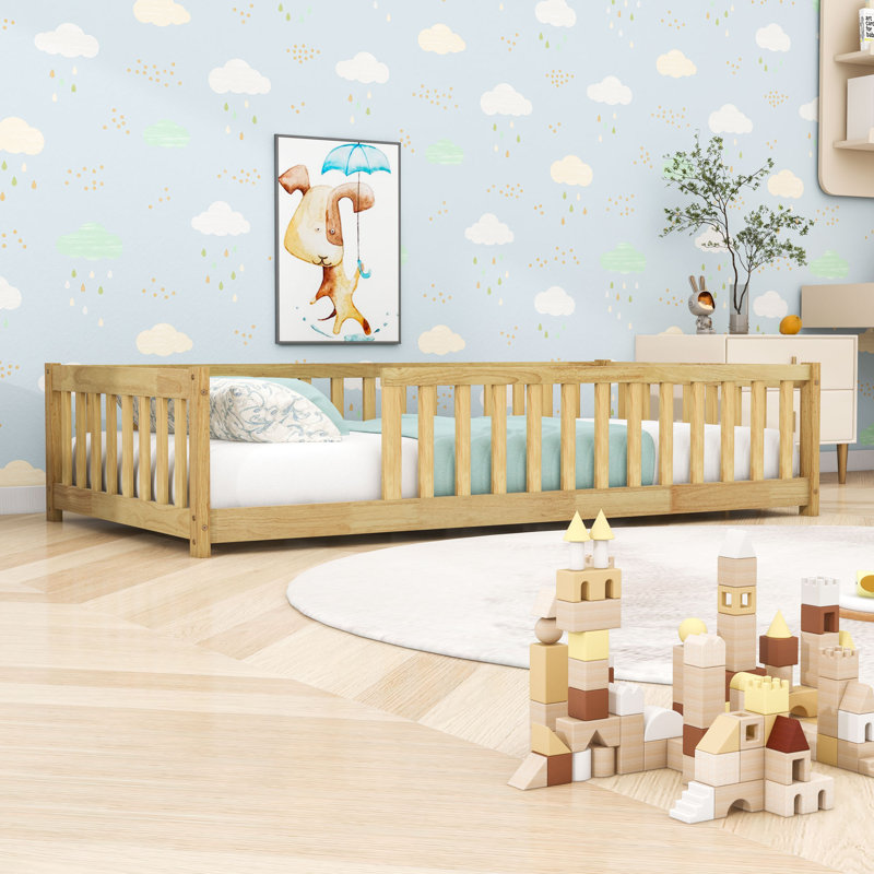 Twin Wooden Floor Bed With Guardrails And Slats, Natural