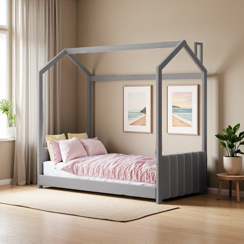 Lit en bois Velvet House, gris, Lit simple