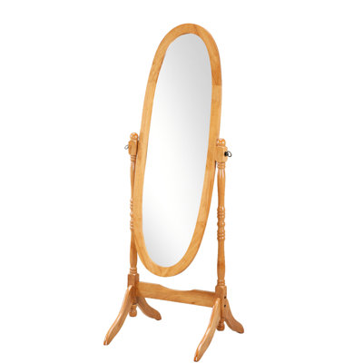 Grand miroir traditionnel en bois de style chêne. Réflexion du corps avec verre ovale allongé. Poteaux élégants autoportants et pieds courbés pour plus de stabilité. Miroir de plancher en chêne de 22,5 po x P 16,9 po.