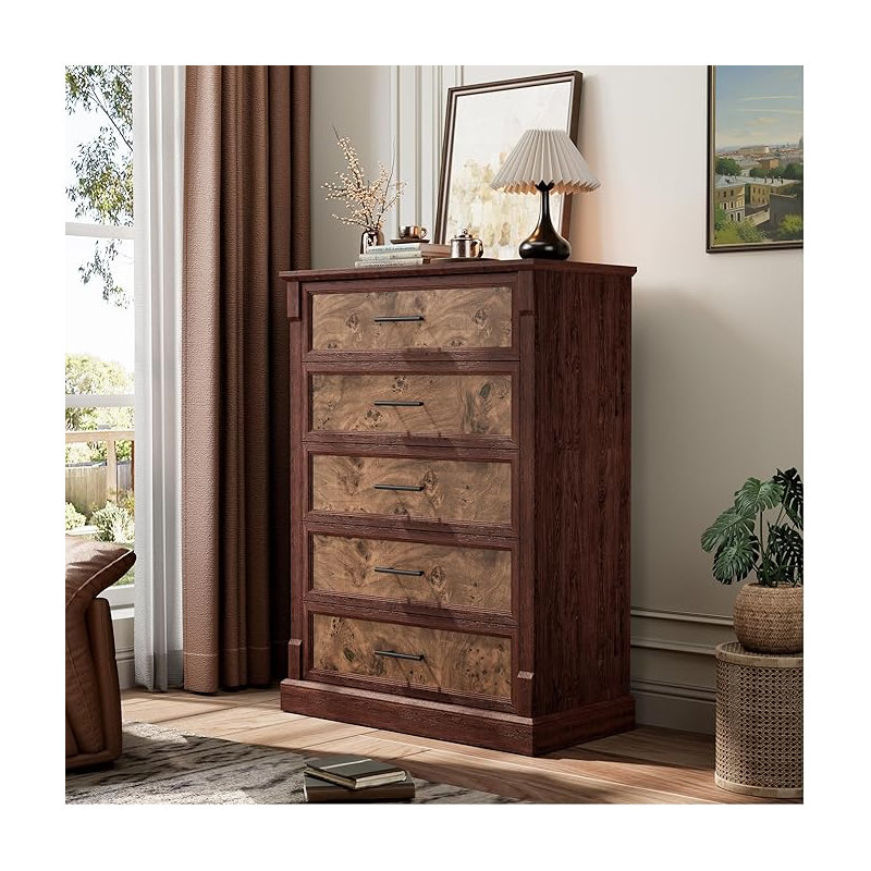 Farmhouse 5 Drawer Dresser - Tall Wooden Chest of Drawers with Metal Handles, Rustic TV Stand Storage Organizer for Bedroom, Living Room, Hallway (Brown)