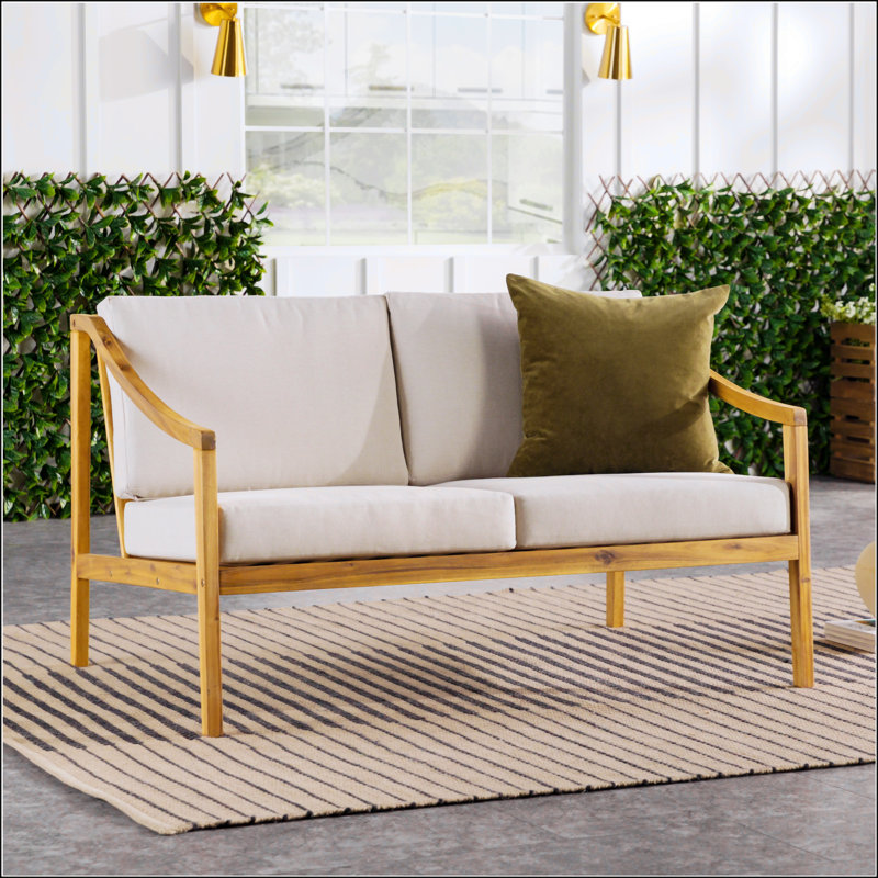 Natural Solid Acacia Wood Curved Arm Outdoor Loveseat with Beige Cushions