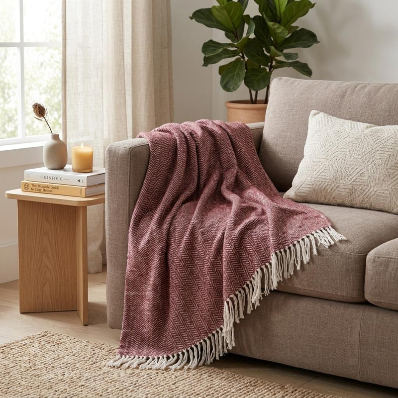 Jeté en coton à chevrons rouge et blanc 50 po x 60 po avec franges