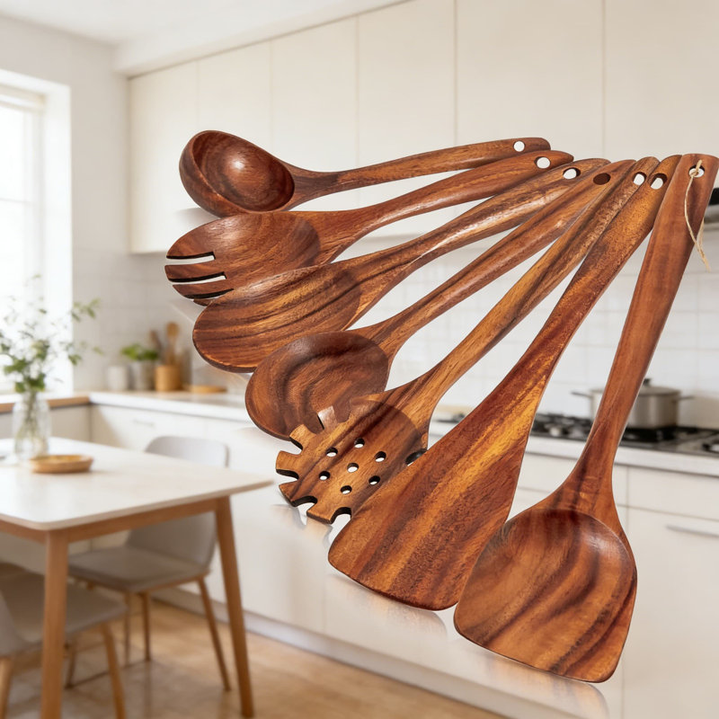 7-Piece Teak Wooden Utensil Set, Handcrafted Cooking Spoons And Spatulas For Nonstick Cookware, Heat-Resistant And Durable For Everyday Use