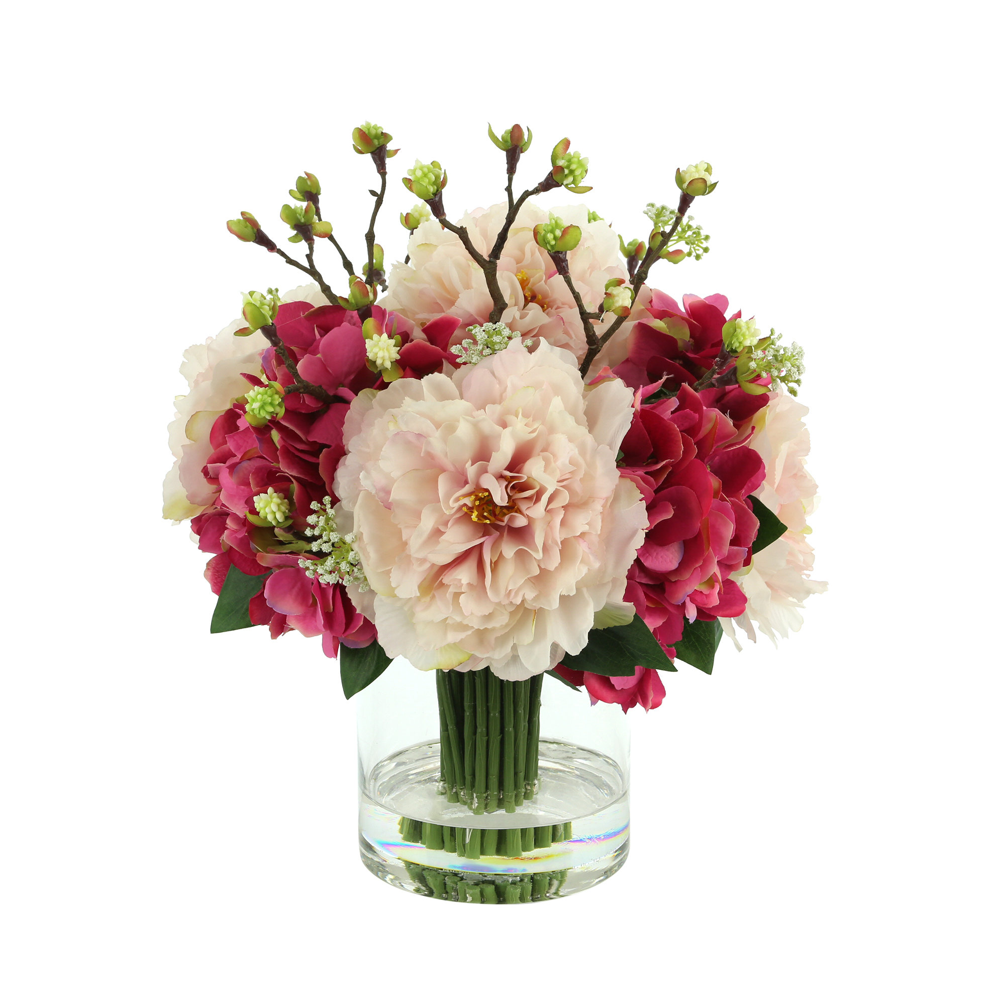 Primrue Peony and Hydrangea Arrangement in Glass Vase | Wayfair