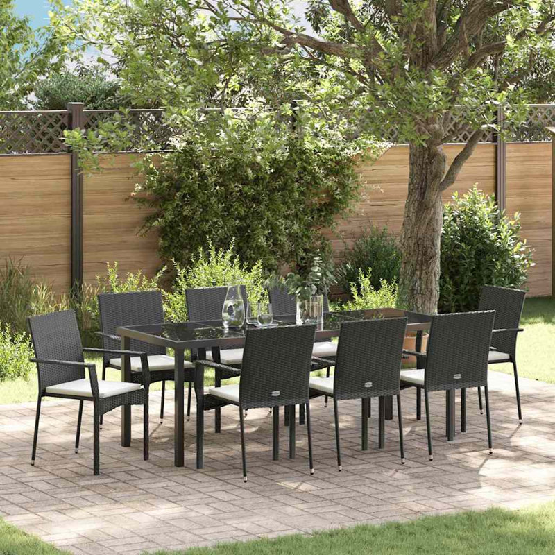 Ensemble de salle à manger de jardin avec coussin 9 pièces en rotin de polyester noir, 28.74" H x 78.74" W x 31.5" D, 8