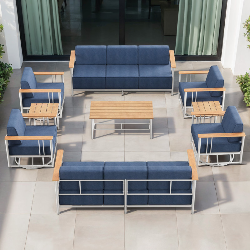 Coan 10 Person Outdoor Patio Modern Metal Party Conversation Set With 4 Swivel Chairs, Blue Cushion/White Frame