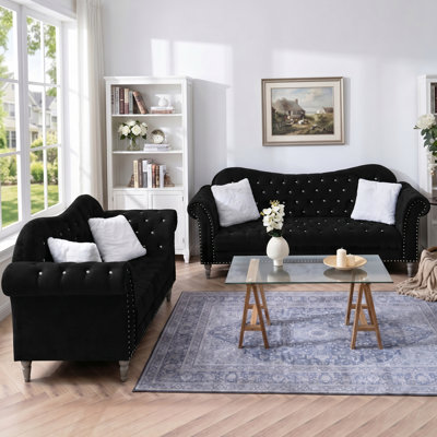 Velvet Loveseat and 3-Seater Sofa Set, Crystal Diamond Tufted Chesterfield, Black