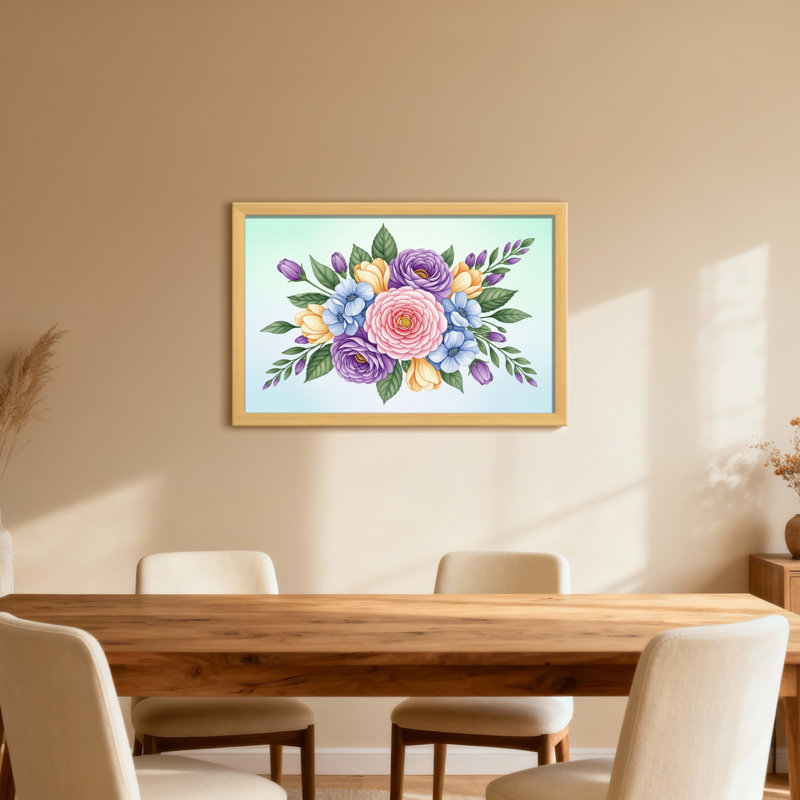 Bouquet de plantes et de fleurs aux couleurs pastel et feuilles vertes, H 12 po x l 18 po, Toile tendue, Ne s’applique pas