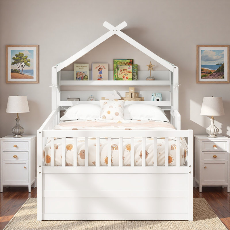 Lit maison avec lit gigogne, tablettes de tête de lit et tiroirs de rangement, Twin, White