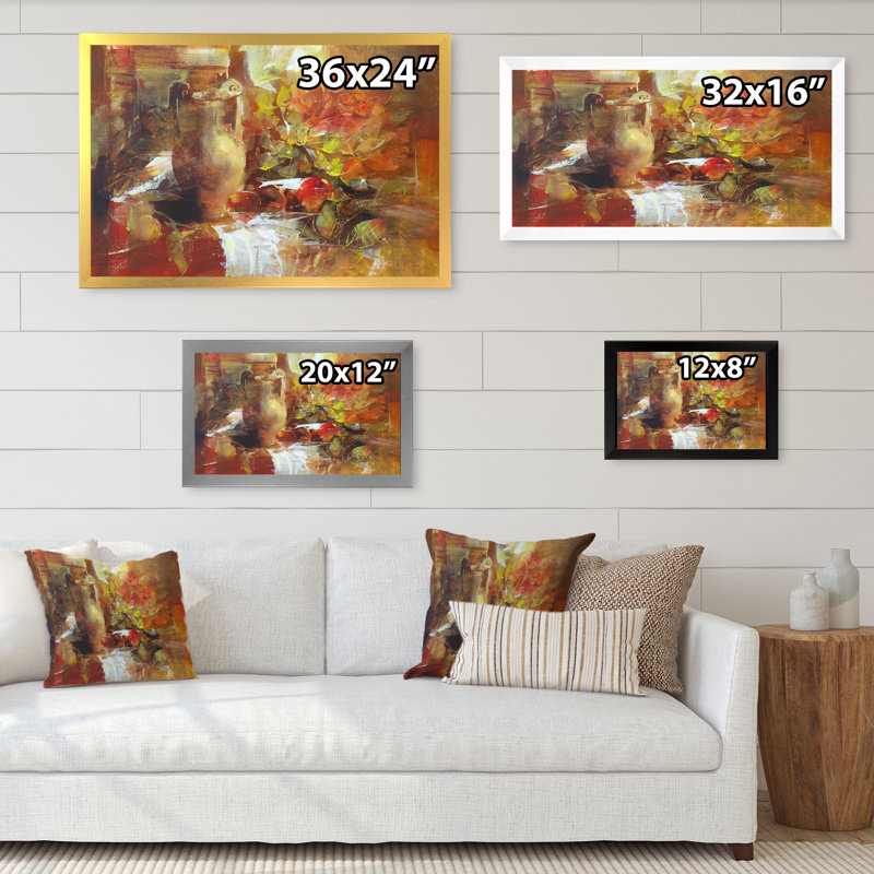 «Still Life Farmhouse Flowers and Fruits», reproduction sur toile flottante, Cadre noir, H 8 po x l 12 po x P 1 po