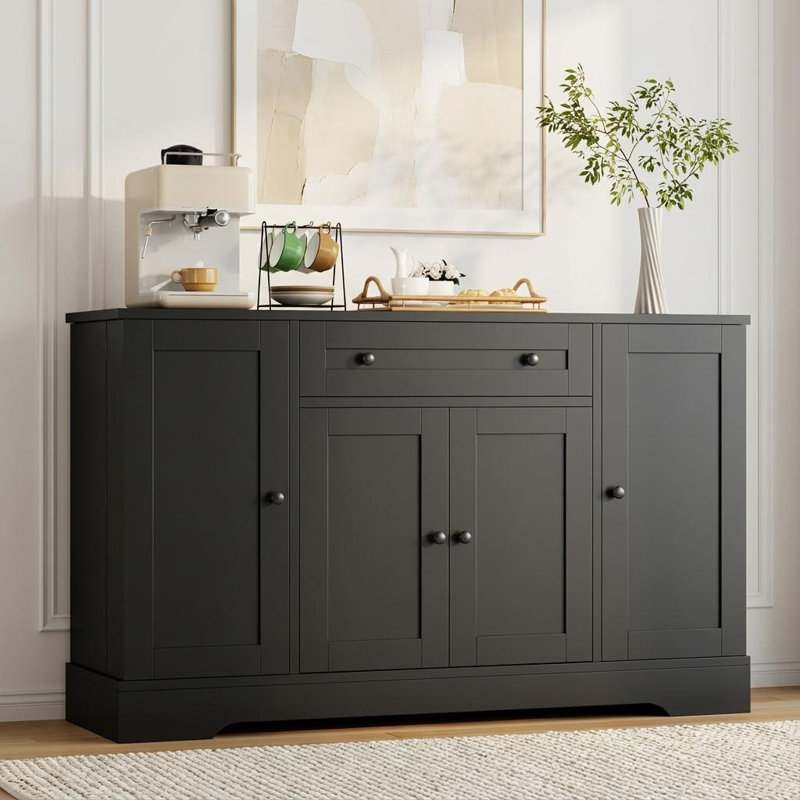 55" Sideboard Buffet Cabinet, Wood Coffee Bar Station with Adjustable Shelves, Credenza Console Table, Floor Cupboard Cabinet for Living Room, Black