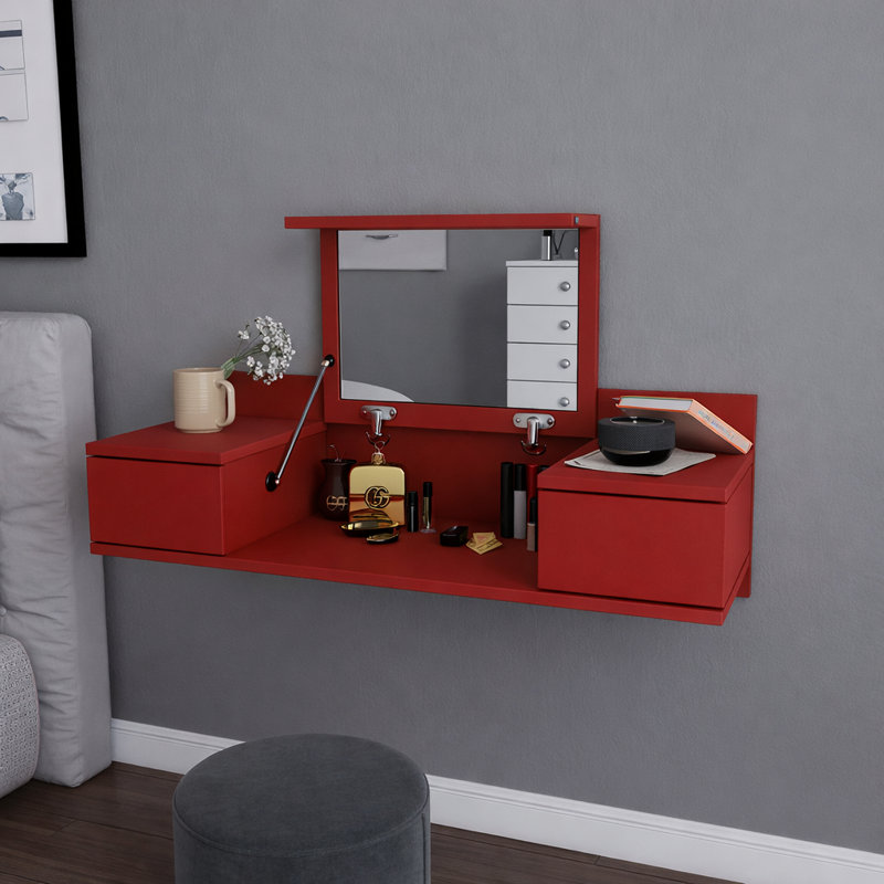 Bureau de coiffeuse flottant avec miroir Lenhardt, Rouge