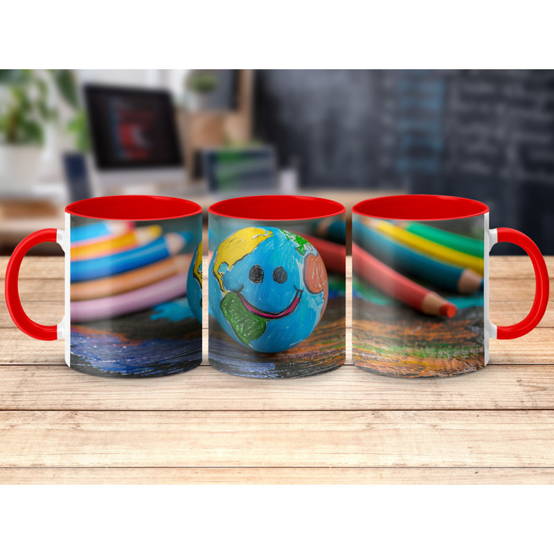 Kids Drawing Style 11oz Accent Mugs – Ceramic Coffee Cup with a Red Handle and Interior