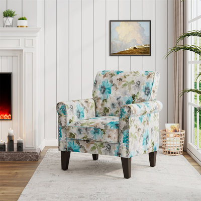 Chaise d'appoint compacte à motif floral avec garniture cloutée et pieds en bois massif
