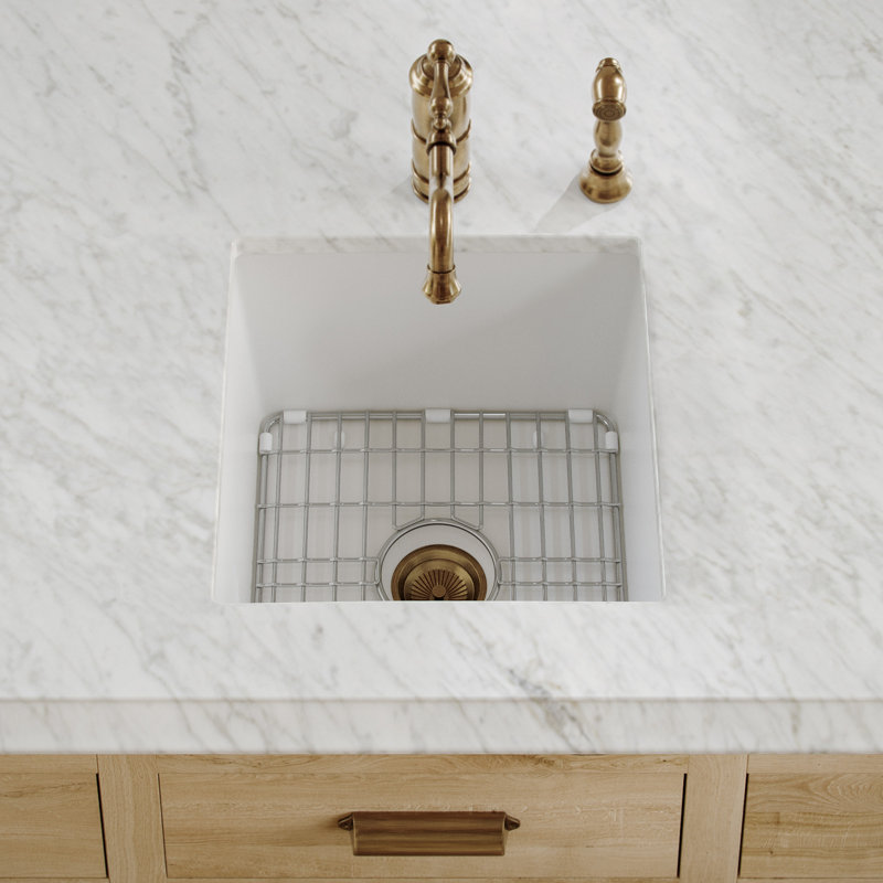 Whitehaus Collection Undermount Single Bowl Fireclay Kitchen Sink with Stainless Steel Grid, 9" H x 18" L x 18" D