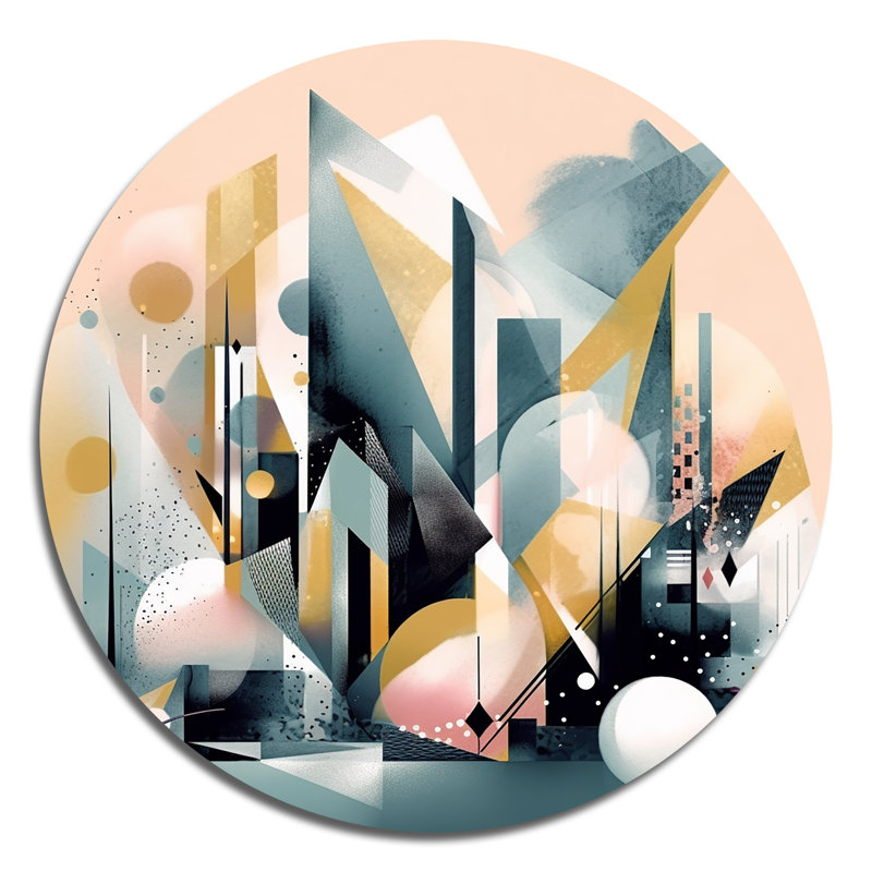 Cubisme rose et bleu moderne abstrait - Minimalisme abstrait, art mural rond sur métal, H 23 po x l 23 po x P 1 po