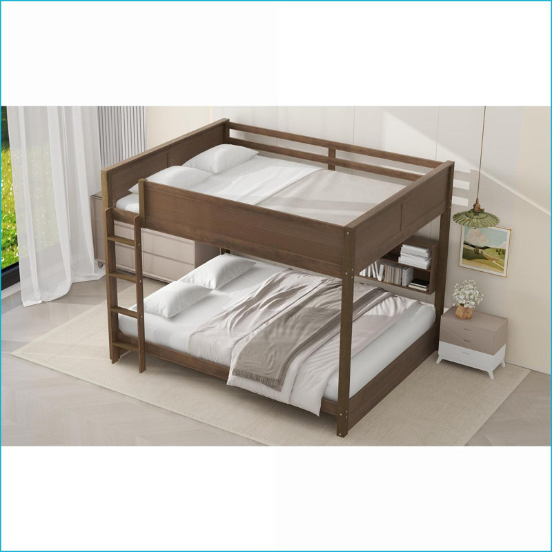 Queen Over Queen Pine Wood &amp; MDF Bunk Bed with Storage Cabinets &amp; USB Ports, Wood Color - Space Saving, Wood