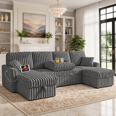 104" Reversible Sleeper Sofa Bed with Storage Chaise, 3-In-1 U-Shaped Pull-Out Couch Featuring Charging Station, Cup Holder & Side Pocket, Plush Corduroy Upholster, for Living Room