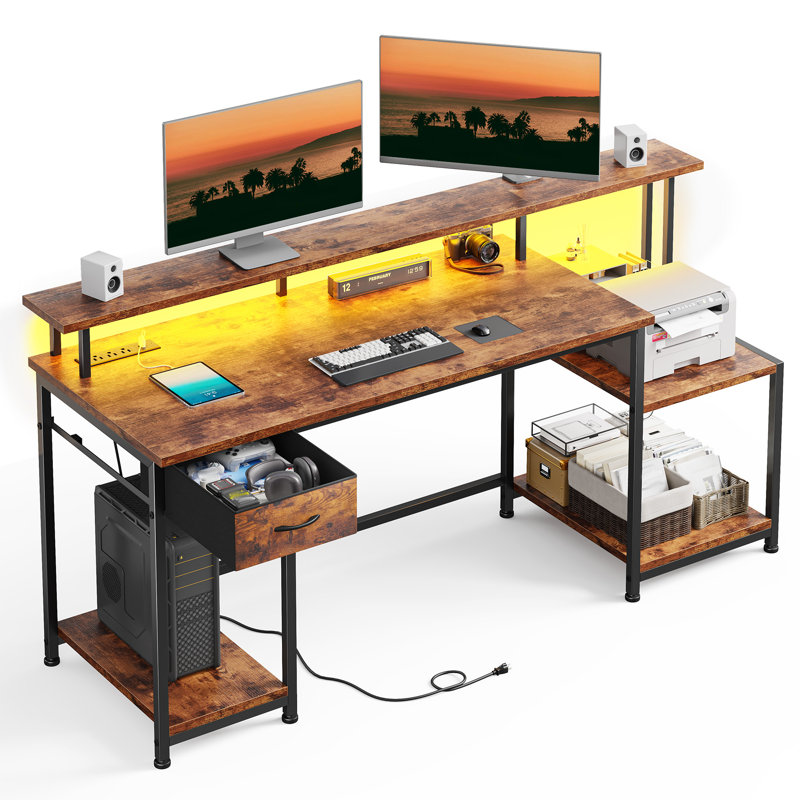 55"W Home Office Computer Desk With Drawers & Printer Shelf,Gaming Desk With Monitor Stand & LED Lights,Writing Desk With Power Outlets