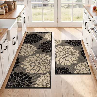 Non Slip High-Low Textured Kitchen Mats for Floor with Rubber Backing, Floral Washable Carpet Runner for Hallways Entryway Laundry Sink