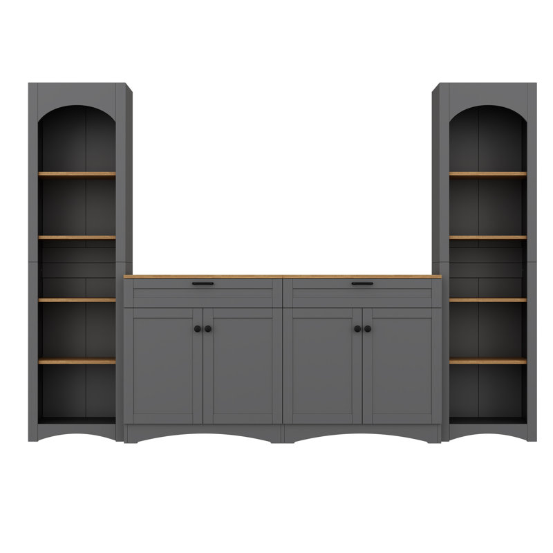 Meuble télé 3 pièces de style campagne avec meuble de rangement pour téléviseur de 70 po ou moins, meuble télé de style Mid-Century avec bibliothèque, buffet polyvalent rustique avec tablettes réglables