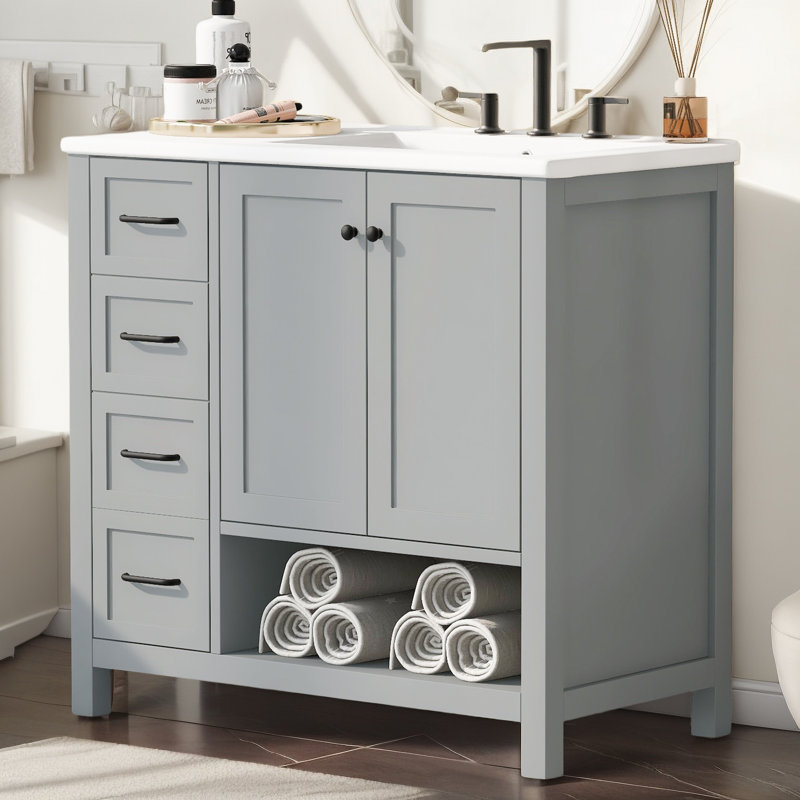 Meuble-lavabo simple 36 po avec comptoir en céramique, Gris, Noir