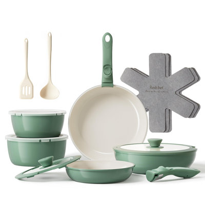16pcs Ceramic Pots and Pans Set Non Stick, Nonstick Ceramic Cookware Set with Detachable Handle, Non Toxic, PFAS PFOA & PTFE Free RV Cookware for Camping, Dishwasher/Oven Safe (Green)