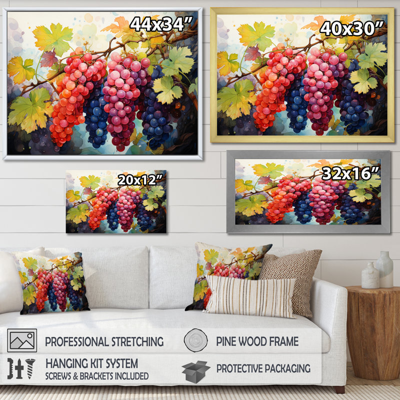 Rose, mauve, raisin, vignes, pointillisme - impression, Cadre simple argenté, H 34 po x l 44 po x P 1,5 po