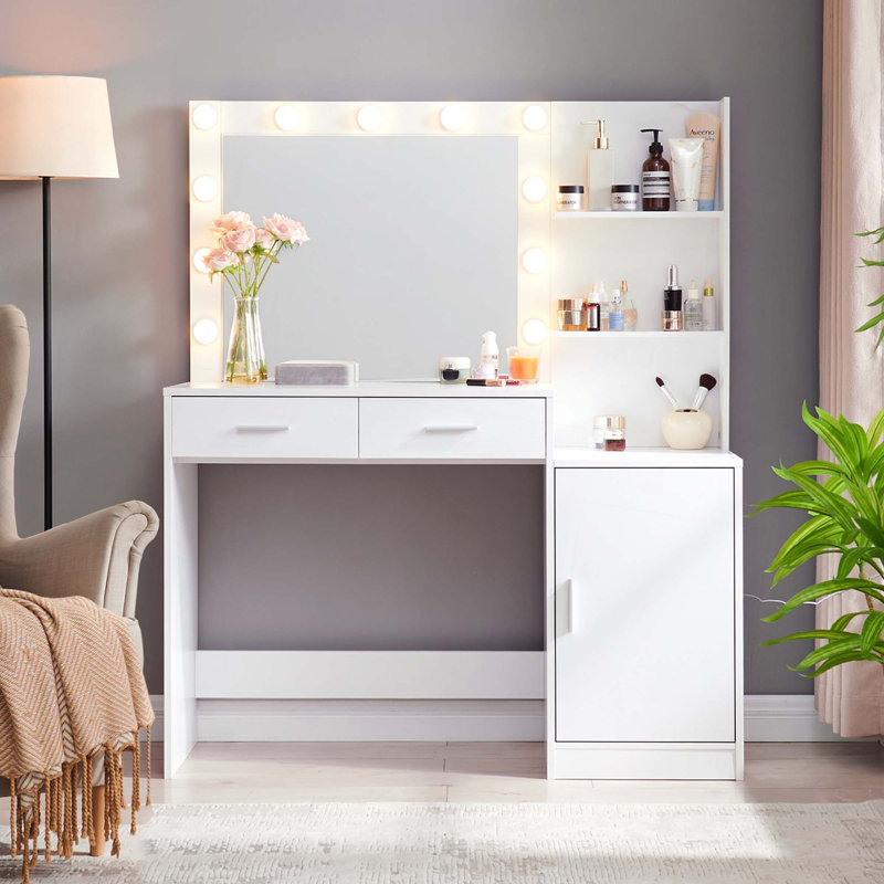 Vanity Desk with Mirror and Lights,46.4In Dressing Table with 2 Large Drawer&Large Vertical Organizer,3 Level Dresser & 3 Lighting Modes Adjustable Brightness,Suitable for Bedroom