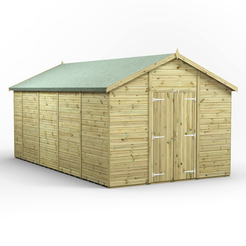 Powersheds 18 x 10ft Premium Pressure Treated Timber Windowless Apex Garden Shed, Double Doors